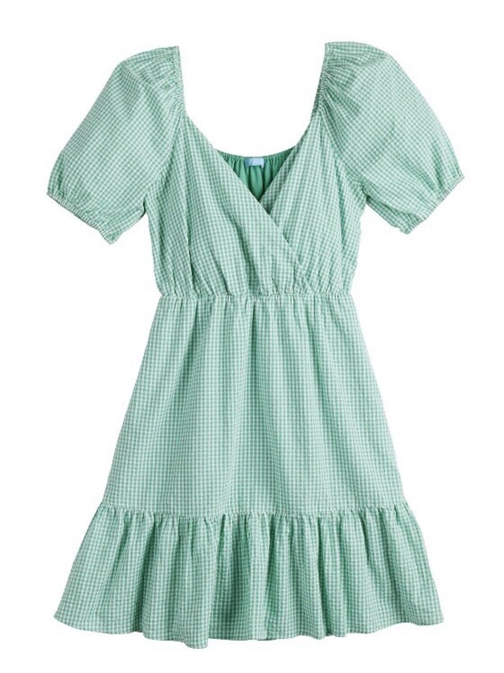 Draper James Puff Sleeve Green Gingham Cotton Dress with Pockets